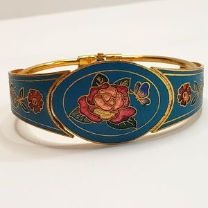 Vintage Cloisonné Rose & Butterfly Gold Tone Bracelet